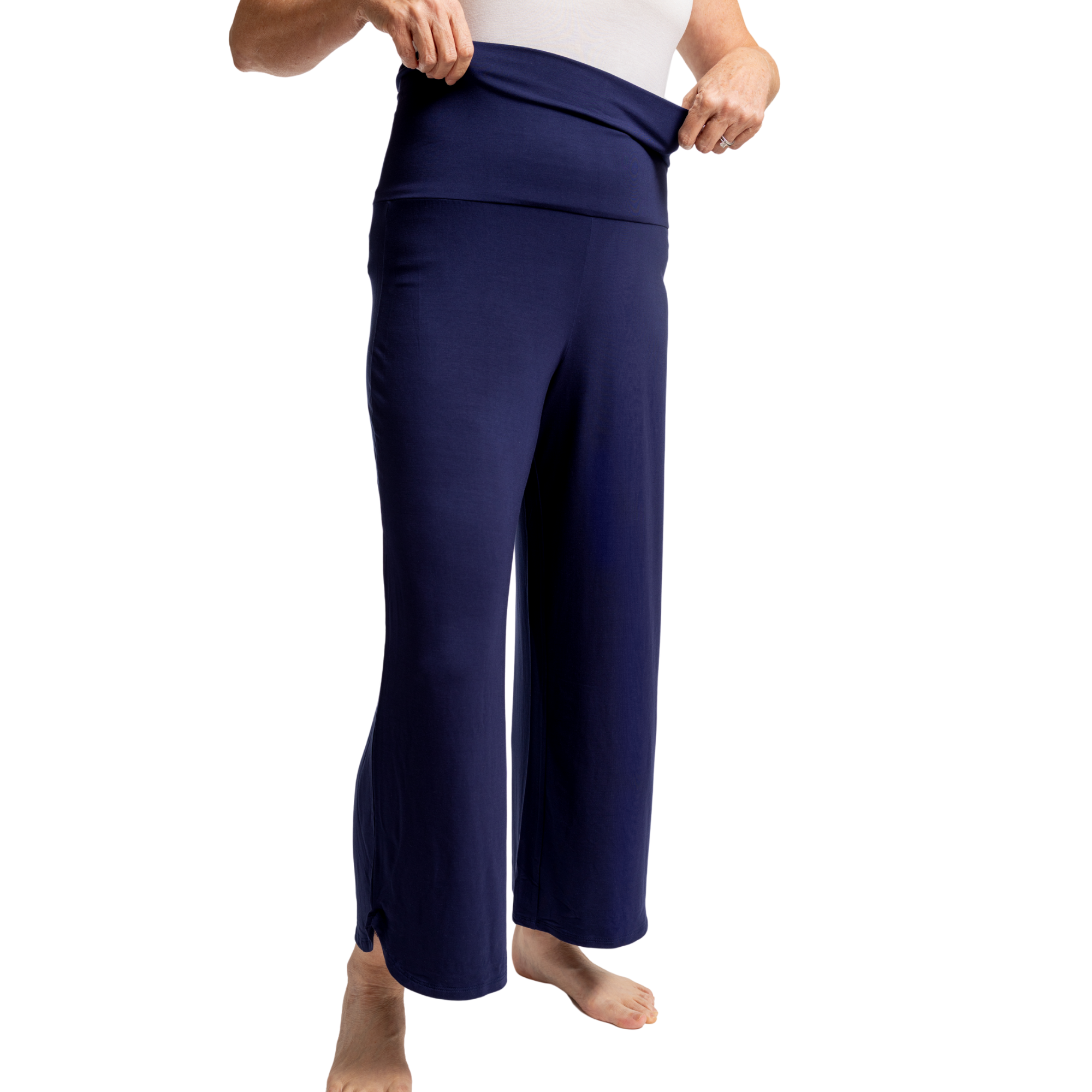 Navy blue wide-leg pants worn by a person on a white background