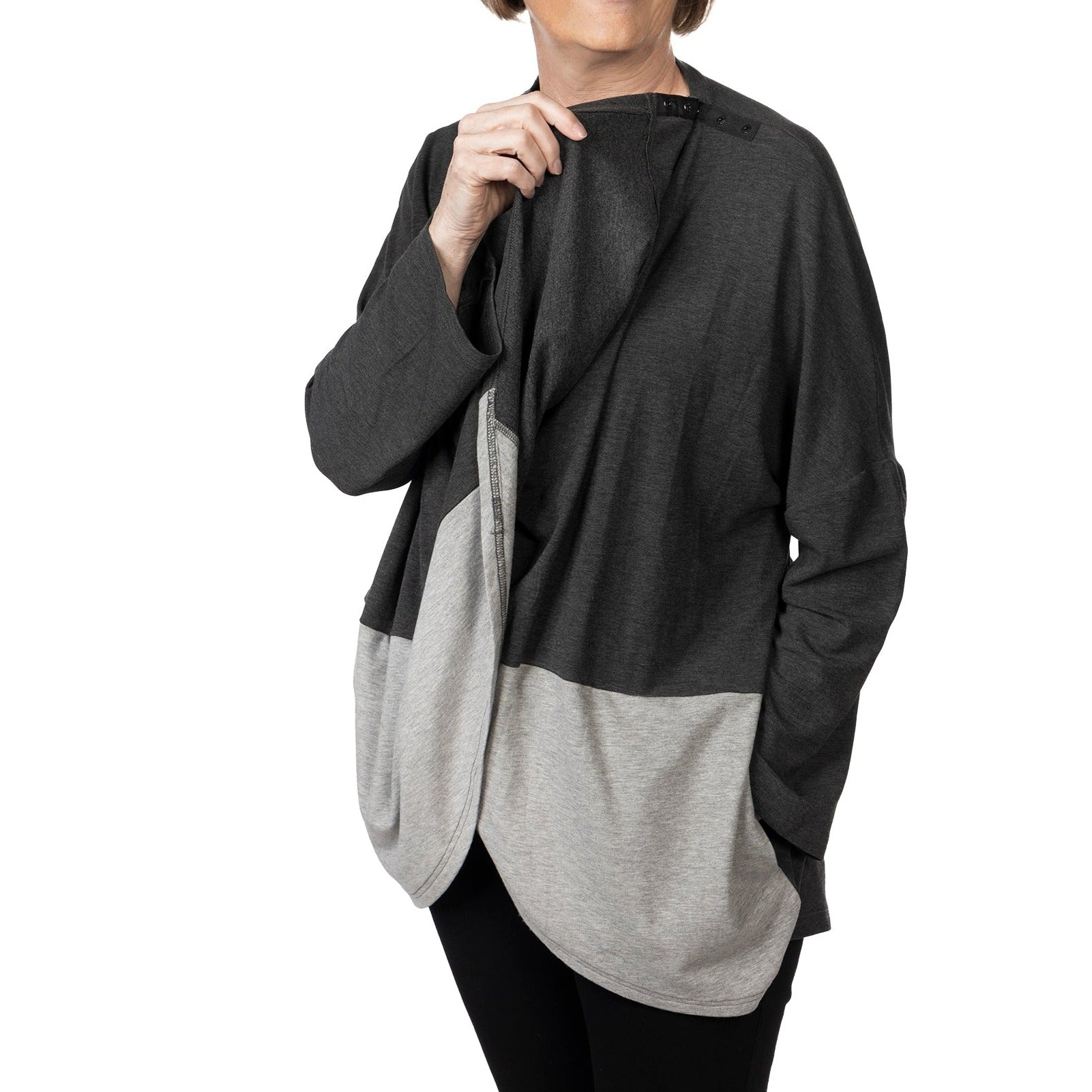 Kickit cardigan snap neck for easy medical access to ivs, chemo ports, broviac, central line and more