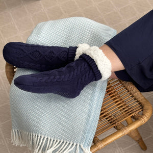 Load image into Gallery viewer, navy blue cable knit slipper socks with fleece lining
