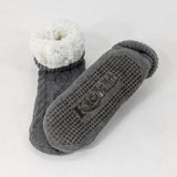 Gray socks with fleece lining. Silicone grippers on bottom for non-slip