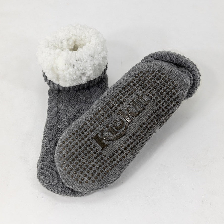 Gray socks with fleece lining. Silicone grippers on bottom for non-slip