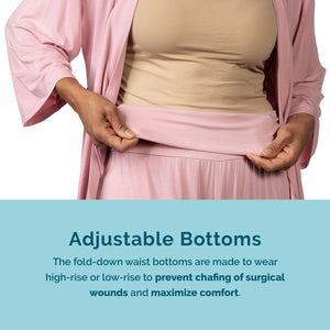 Adjustable bottoms with high rise pants that can also be worn low rise to prevent chafing of surgical wounds
