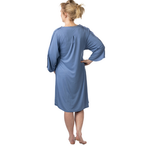 Hospital Gown with Snap Sleeves and Internal Pockets for Surgical Drains and Snap Sleeves for IVs and Chemo