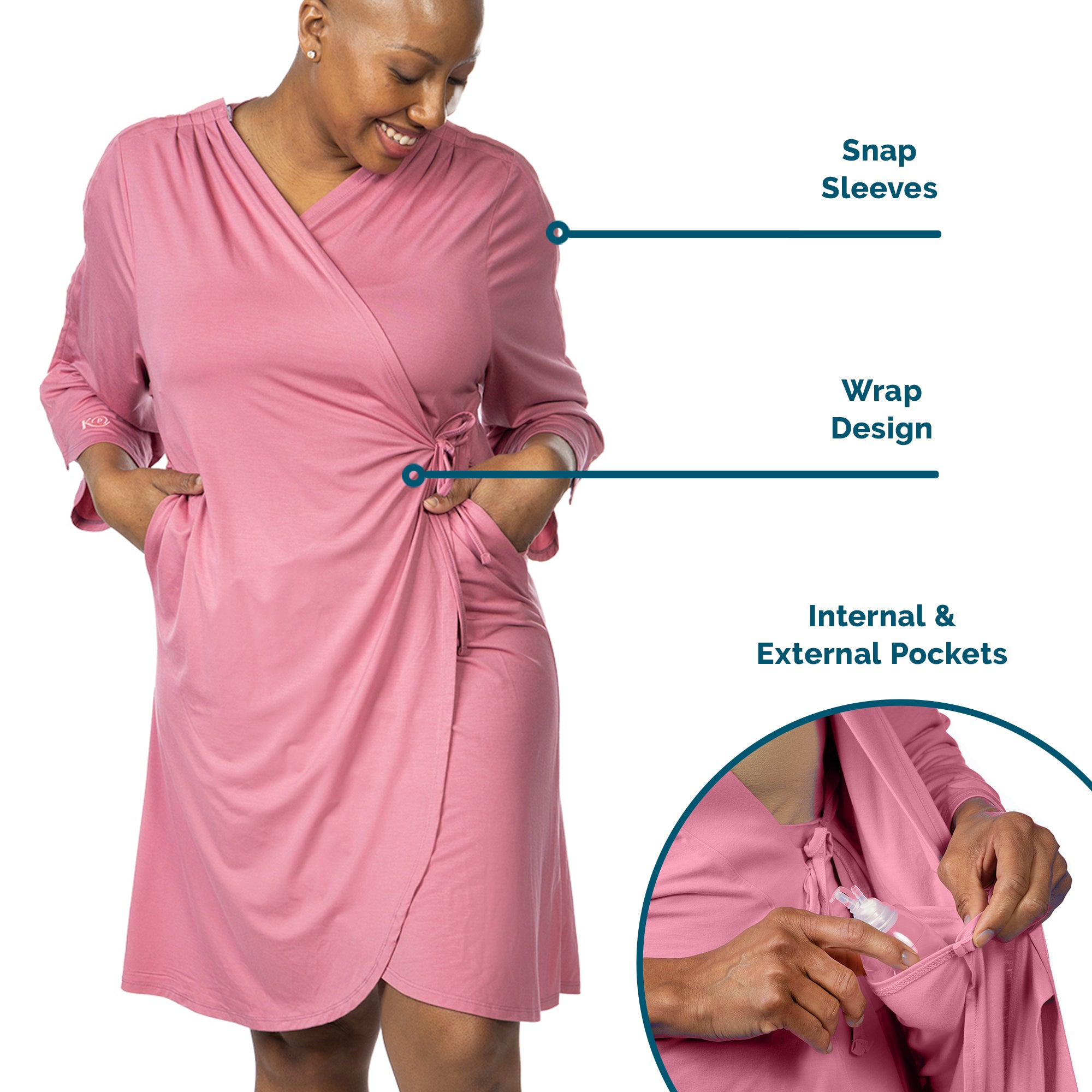 KickIt Hospital Gown with Snap Sleeves in Dusty Rose