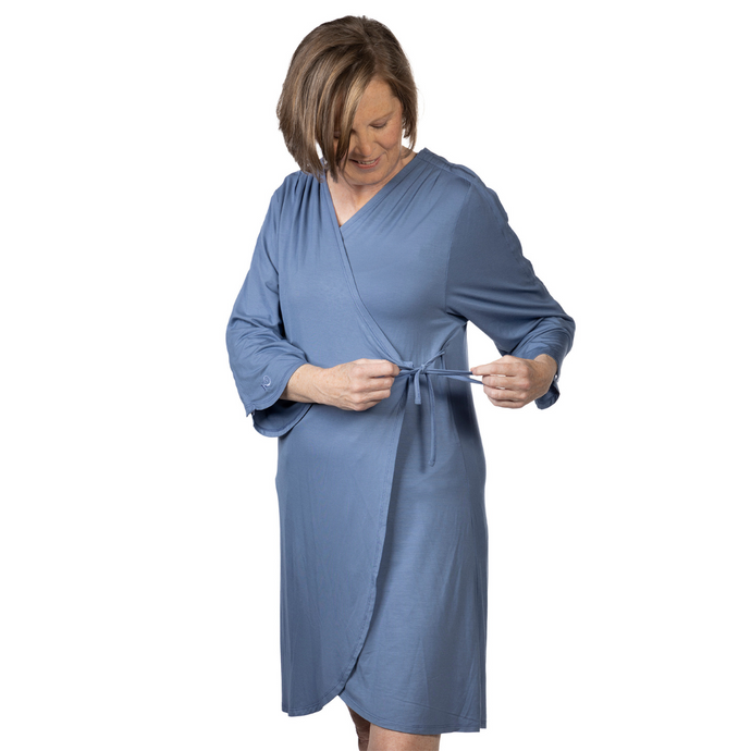 Hospital Gown with Snap Sleeves and Internal Pockets for Surgical Drains and Snap Sleeves for IVs and Chemo