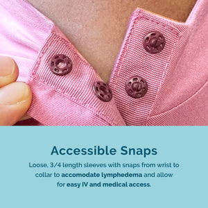 Load image into Gallery viewer, Snap hospital gowns fully open from collar through hand to allow for easy access to IVs, chemotherapy post, picc lines and antibiotics ivs
