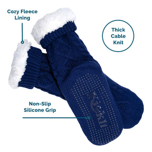 navy slipper socks with grips and cozy fleece lining made of thick cable knit