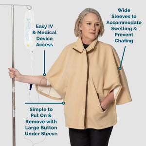 Load image into Gallery viewer, call out for easy IV and medical device access, wide sleeves to accomodate swelling and prevent chafing, simple to put on and remove with large button under sleeve
