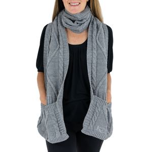 Load image into Gallery viewer, grey cable knit scarf with deep front pockets for hands or accessories
