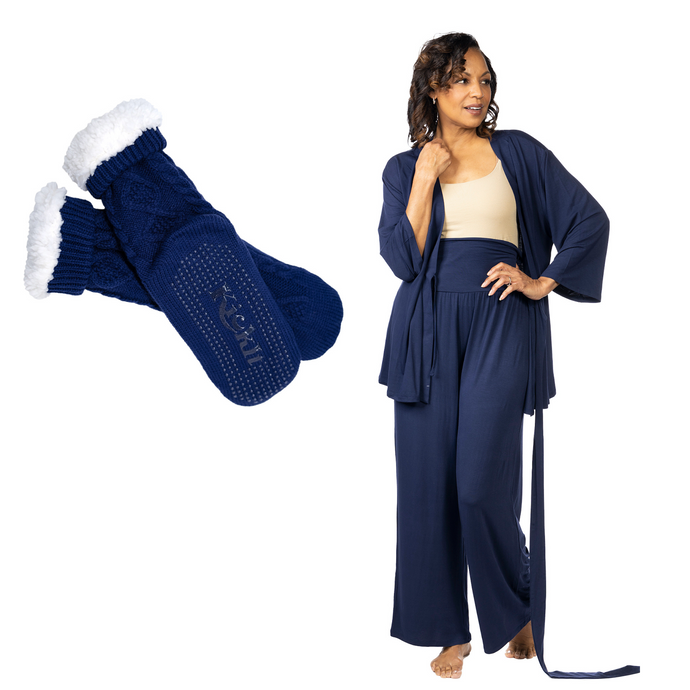 Navy mastectomy pajamas and navy gripper socks