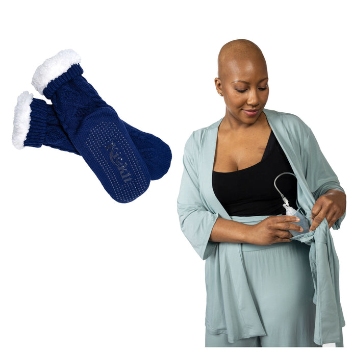 sage mastectomy pajamas and navy gripper socks