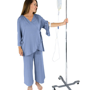Hospital pajamas for cancer patients with snap sleeves for IVs, Chemo ports and more
