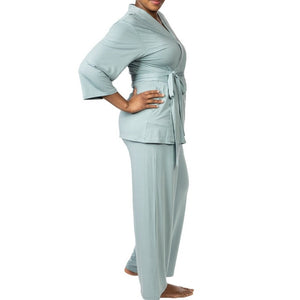 Load image into Gallery viewer, Sage green pjs for mastectomy surgery recovery with surgical drain pockets
