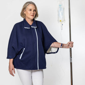 Load image into Gallery viewer, large underarm buttons allow for you to remove or put on while attached to an IV or chemo port, central line or any other medical device
